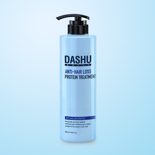 ProtoClinical k-beauty DASHU Daily Anti-Hair Loss Protein Treatment 500ml single upright blue treatment bottle centered on a pale aqua background