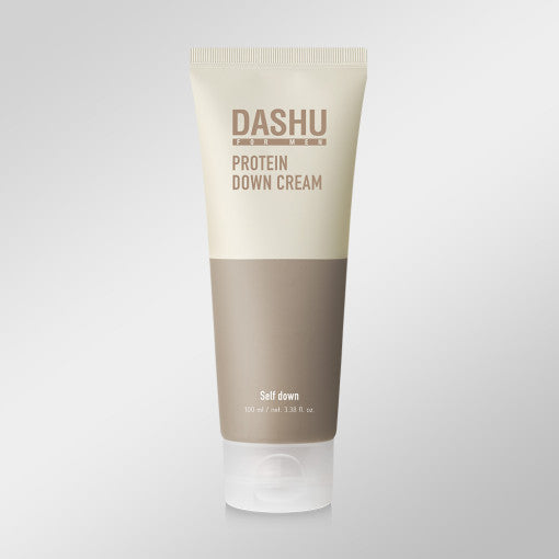 ProtoClinical k-beauty DASHU For Men Protein Down Cream 100ml shown as a single upright cream tube in pale beige tones centered on a light background