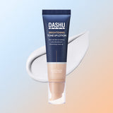 ProtoClinical k-beauty DASHU Men's Brightening Tone Up Lotion 50g single upright dark navy lotion tube centered on a pale blue and cream background