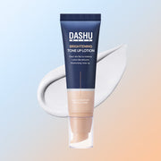 ProtoClinical k-beauty DASHU Men's Brightening Tone Up Lotion 50g single upright dark navy lotion tube centered on a pale blue and cream background
