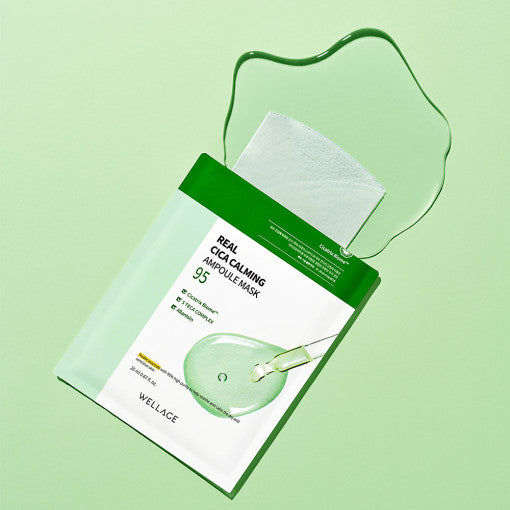 ProtoClinical k-beauty WELLAGE Real Cica Calming Ampoule Mask Sheet 20ml X 10P green sheet mask detail graphic with a centered darker panel on a pale mint background