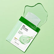 ProtoClinical k-beauty WELLAGE Real Cica Calming Ampoule Mask Sheet 20ml X 10P green sheet mask detail graphic with a centered darker panel on a pale mint background