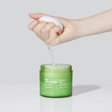 ProtoClinical k-beauty WELLAGE Real Cica Calming Big Embo Toner Pad 70pads / 160ml green toner pad detail graphic with a dark round swatch and pale horizontal layout