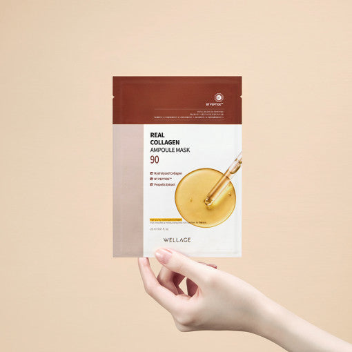 ProtoClinical k-beauty WELLAGE Real Collagen Ampoule Mask Sheet 20ml X 10P square mask sheet detail graphic with blush pink tones and a centered panel