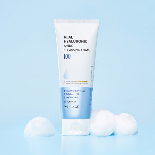 ProtoClinical k-beauty WELLAGE Real Hyaluronic Amino Cleansing Foam 150ml single upright cleansing foam tube in pale blue packaging on a light background.