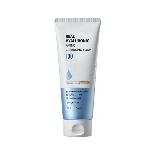 ProtoClinical k-beauty WELLAGE Real Hyaluronic Amino Cleansing Foam 150ml single upright cleansing foam tube in pale blue packaging on a light background.