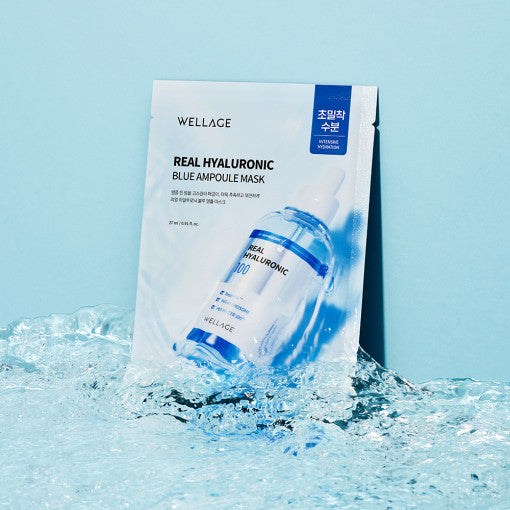 ProtoClinical k-beauty WELLAGE Real Hyaluronic Blue Ampoule Mask Sheet 27ml X 10P blue mask sheet detail graphic with pale panels and a centered layout