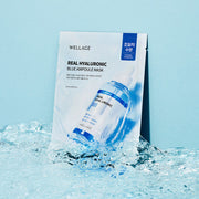 ProtoClinical k-beauty WELLAGE Real Hyaluronic Blue Ampoule Mask Sheet 27ml X 10P blue mask sheet detail graphic with pale panels and a centered layout
