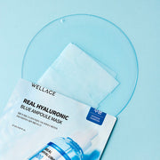 ProtoClinical k-beauty WELLAGE Real Hyaluronic Blue Ampoule Mask Sheet 27ml X 10P blue mask sheet detail graphic with a square layout and soft cool-toned blocks