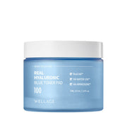 ProtoClinical k-beauty WELLAGE Real Hyaluronic Blue Toner Pad 70pads / 210ml blue toner pad detail graphic with pale horizontal panels and cool-toned accents