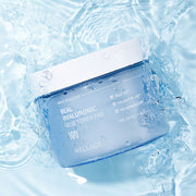 ProtoClinical k-beauty WELLAGE Real Hyaluronic Blue Toner Pad 70pads / 210ml blue toner pad detail graphic with pale panels and a centered layout