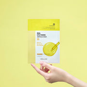 ProtoClinical k-beauty WELLAGE Real Vita Toning Ampoule Mask Sheet 20ml X 10P yellow mask sheet detail graphic with warm blocks and a light background