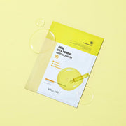 ProtoClinical k-beauty WELLAGE Real Vita Toning Ampoule Mask Sheet 20ml X 10P yellow mask sheet detail graphic with a pale square layout and warm accents
