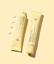 ProtoClinical k-beauty [so natural] Cera Peptide Ceramide Eye Serum 30ml shown as a single pale yellow bottle-style package centered on a warm yellow background