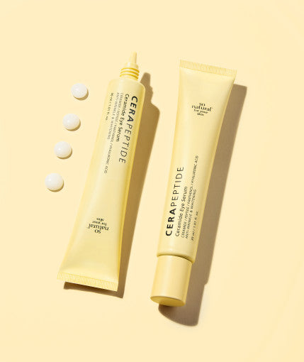 ProtoClinical k-beauty [so natural] Cera Peptide Ceramide Eye Serum 30ml shown as a single pale yellow bottle-style package centered on a warm yellow background