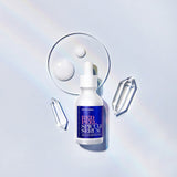 ProtoClinical k-beauty [so natural] Red Peel Spicule Serum 50ml shown as a single pale blue serum bottle with a dark round base on a white and cool blue striped background