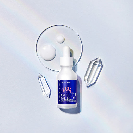 ProtoClinical k-beauty [so natural] Red Peel Spicule Serum 50ml shown as a single pale blue serum bottle with a dark round base on a white and cool blue striped background