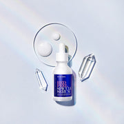 ProtoClinical k-beauty [so natural] Red Peel Spicule Serum 50ml shown as a single pale blue serum bottle with a dark round base on a white and cool blue striped background