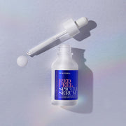 ProtoClinical k-beauty [so natural] Red Peel Spicule Serum 50ml single pale blue serum bottle with a dark round base on a cool white and blue striped background