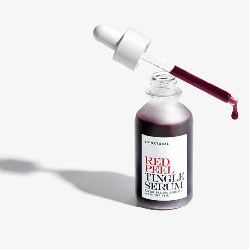 ProtoClinical k-beauty [so natural] Red Peel Tingle Serum 35ml shown as a single gray serum bottle centered on a pale cream and lavender background
