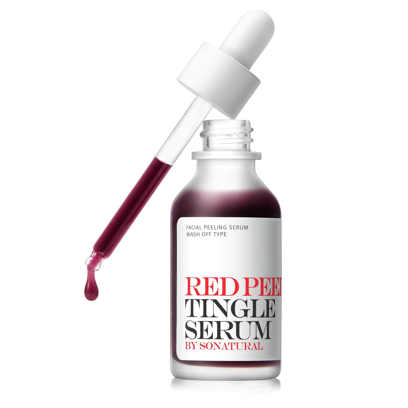 ProtoClinical k-beauty [so natural] Red Peel Tingle Serum 35ml single gray serum bottle centered on a pale cream and lavender background