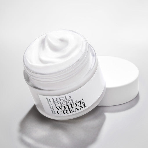 ProtoClinical k-beauty [so natural] Red Peel White Cream 50g single upright gray cream package centered on a cool white and pale blue striped background