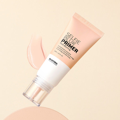 ProtoClinical k-beauty [so natural] Selfie Blur Primer 30ml single warm beige primer package centered on a light background with pale blue accents