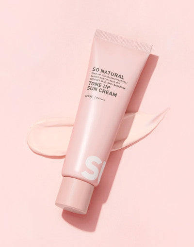 ProtoClinical k-beauty [so natural] Tone Up Sun Cream 50ml SPF50+ PA++++ single upright pink sun cream tube on a light background.