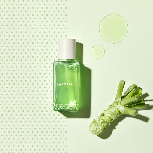 ProtoClinical k-beauty [so natural] Wasabi Pore Focus Ampoule 80ml single upright green ampoule bottle beside a dark green carton on a pale green and cream background