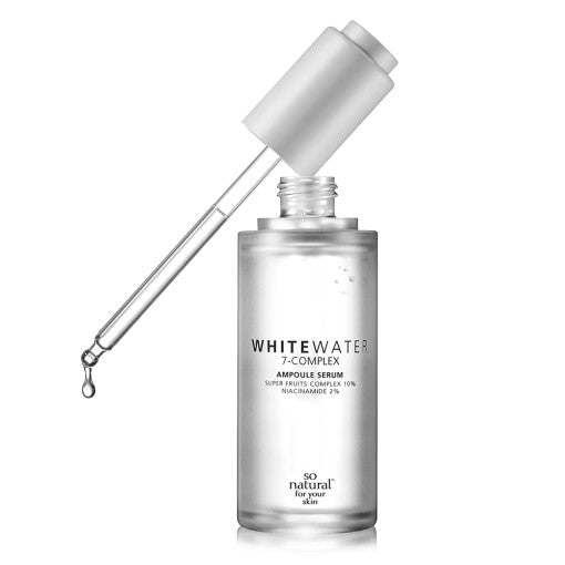 ProtoClinical k-beauty [so natural] White Water Ampoule Serum 50ml shown as a single upright pale gray bottle centered on a white background