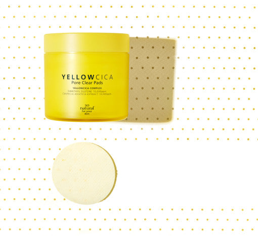 ProtoClinical k-beauty [so natural] Yellow Cica Pore Clear Pad 70ea 140ml pastel yellow and blue product graphic with a soft central block