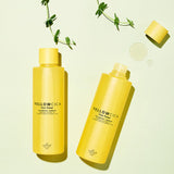 ProtoClinical k-beauty [so natural] Yellow Cica Toner 260ml shown in multiple vertical yellow package views on a pale cream background with blue corners