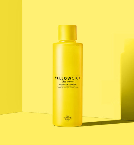 ProtoClinical k-beauty [so natural] Yellow Cica Toner 260ml shown in two tall yellow package views side by side on a bright yellow background