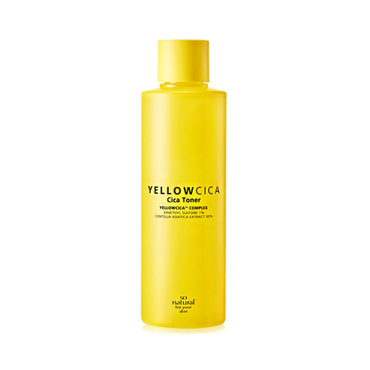 ProtoClinical k-beauty [so natural] Yellow Cica Toner 260ml shown as a single upright yellow bottle centered on a white background with pale blue side bands