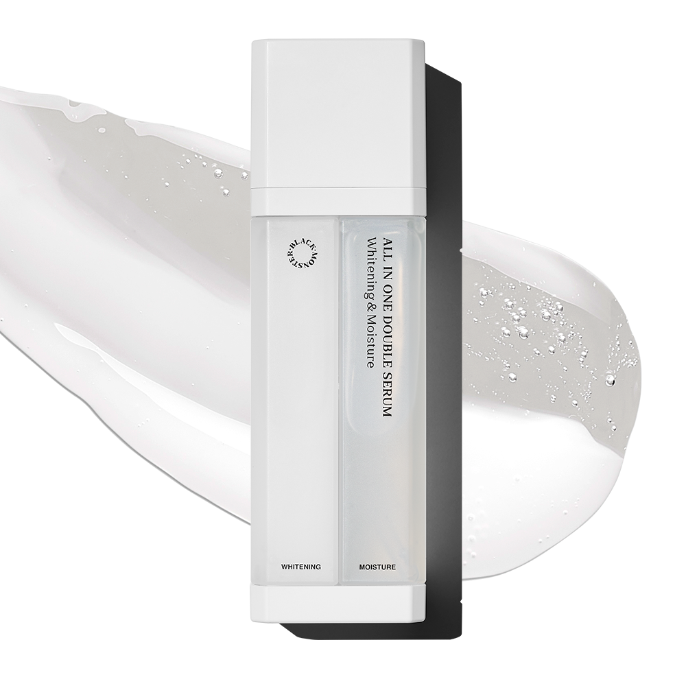 BLACK MONSTER All In One White Double Serum 150ml by ProtoClinical presented in a product detail graphic on a white background, highlighting the bottle design and skincare information for a k-beauty men's routine.