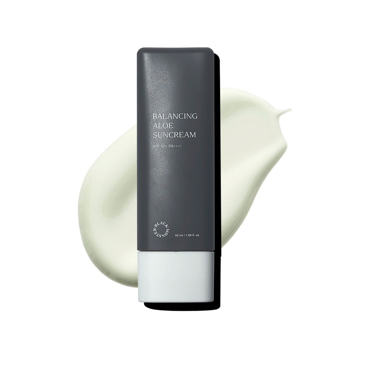 ProtoClinical k-beauty BLACK MONSTER Balancing Aloe Sun Cream 50ml single upright sunscreen tube centered on a light background.