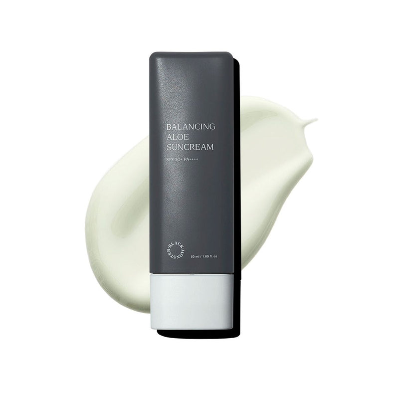 ProtoClinical k-beauty BLACK MONSTER Balancing Aloe Sun Cream 50ml single upright sunscreen tube centered on a light background.