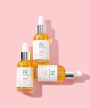 ProtoClinical k-beauty warm beige cosmetic graphic on a soft pink background.