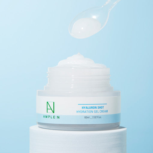AMPLE:N Hyaluron Shot Hydration Gel Cream 60ml by ProtoClinical displayed in retail-style gel cream packaging on a white background, highlighting the container and label presentation for a k-beauty skincare routine.