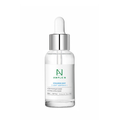 AMPLE:N Hyaluron Shot Light Ampoule 30ml by ProtoClinical shown with clean ampoule packaging on a white background, highlighting the bottle presentation for a k-beauty skincare routine.