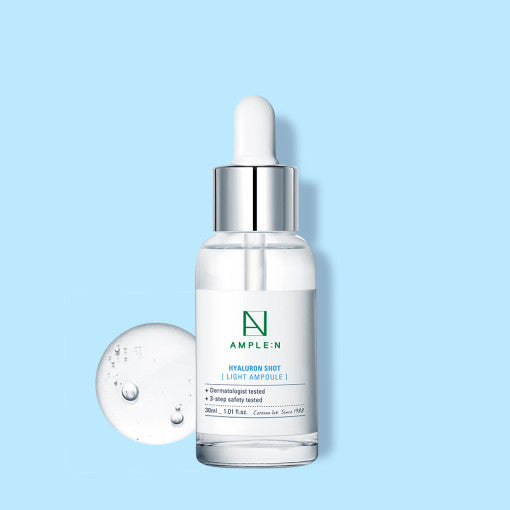 AMPLE:N Hyaluron Shot Light Ampoule 30ml by ProtoClinical displayed in a front-facing ampoule product shot on a white background, highlighting the branded hydration packaging for a k-beauty skincare routine.