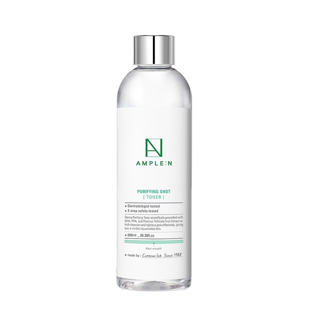 AMPLE:N Purifying Toner Jumbo 600ml by ProtoClinical presented in a square product graphic with the jumbo toner bottle and blue hydration branding on a light background for a k-beauty skincare routine.