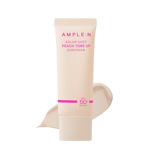 AMPLE:N Solar Shot Peach Tone Up Suncream 40ml by ProtoClinical presented in a square product image with the peach tone-up suncream centered on a light background for a k-beauty skincare routine.