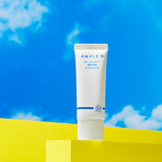 AMPLE:N Solar Shot Water Suncream 40ml SPF 50+ PA++++ by ProtoClinical shown in a front-facing suncream tube on a clean white background, highlighting the sunscreen packaging for a k-beauty skincare routine.