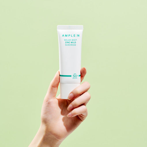 AMPLE:N Solar Shot Zinc Mild Suncream 40ml SPF 50+ PA++++ by ProtoClinical shown with clean sunscreen packaging details on a white background, highlighting the product branding for a k-beauty skincare routine.