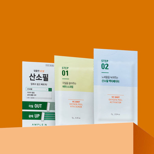 ProtoClinical k-beauty cosmetic packaging with orange and pale blue tones on a light background.