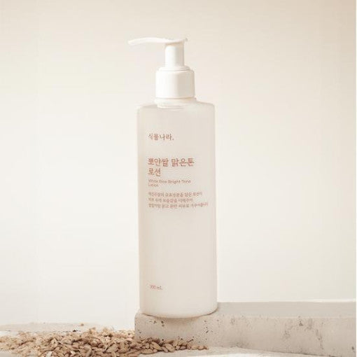 ProtoClinical k-beauty Shingmulnara White Rice Bright Tone Lotion 300ml shown in a single centered upright packshot in soft beige-pink tones with pale yellow side shading on a light background