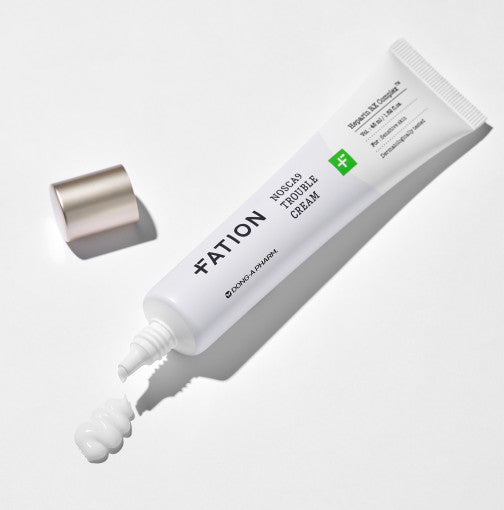 ProtoClinical k-beauty FATION Nosca9 Trouble Cream 45ml two pale gray package forms side by side on a soft white and lavender background