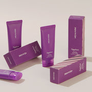 ProtoClinical k-beauty papa recipe Eggplant Clearing Sun Cream 50ml (SPF 50+ PA++++) promotional image with three mauve product tubes, a purple cream swatch, and a light lavender background