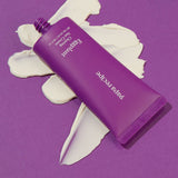 ProtoClinical k-beauty papa recipe Eggplant Clearing Sun Cream 50ml (SPF 50+ PA++++) promotional panel with a close-up of a woman's forehead, black Korean text, and a lavender-and-white background
